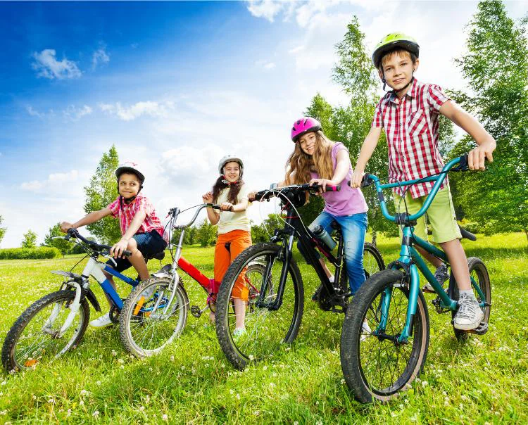 En el campo con sus bicicletas de montaña para niños